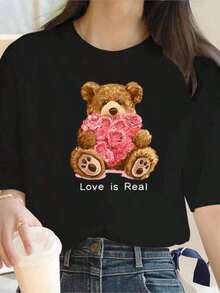 Y2k Women's LooseFlower Bear Print T-Shirt, Plus Size Summer Tops For Ladies, Short Sleeve Clothing, Soft Pure Cotton Tops, Women's Holiday Sets, Basic Cotton Crew Neck T-Shirt For Women - 黑色 - 查看 12