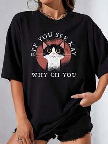 Women's Sets Eff You See Kay You Women's T-Shirt 100% Polyester Plus Size Casual Funny Graphic Print Short Sleeve 1 Piece Novelty Crew Neck Tee, Women's T-Shirts - 黑色 - 查看 1