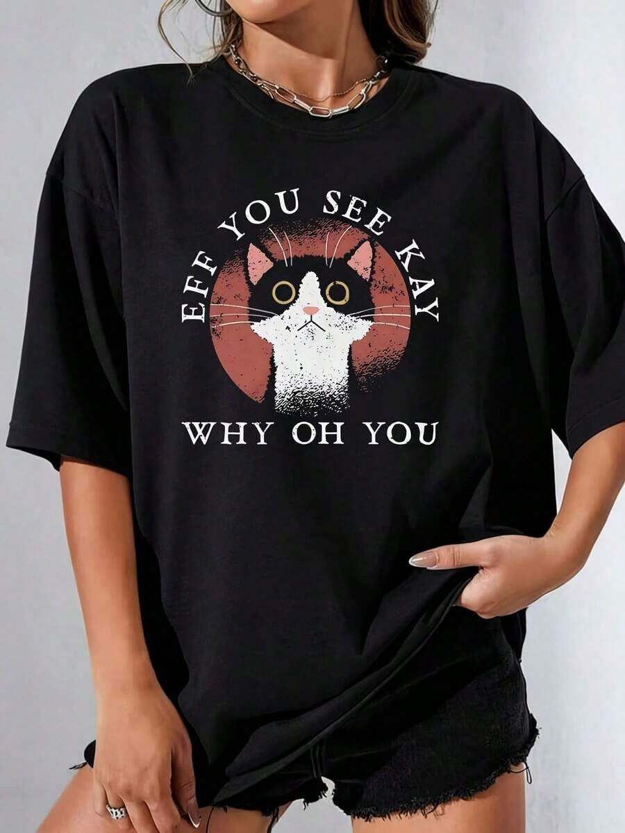 Women's Sets Eff You See Kay You Women's T-Shirt 100% Polyester Plus Size Casual Funny Graphic Print Short Sleeve 1 Piece Novelty Crew Neck Tee, Women's T-Shirts - 黑色 - 查看 1