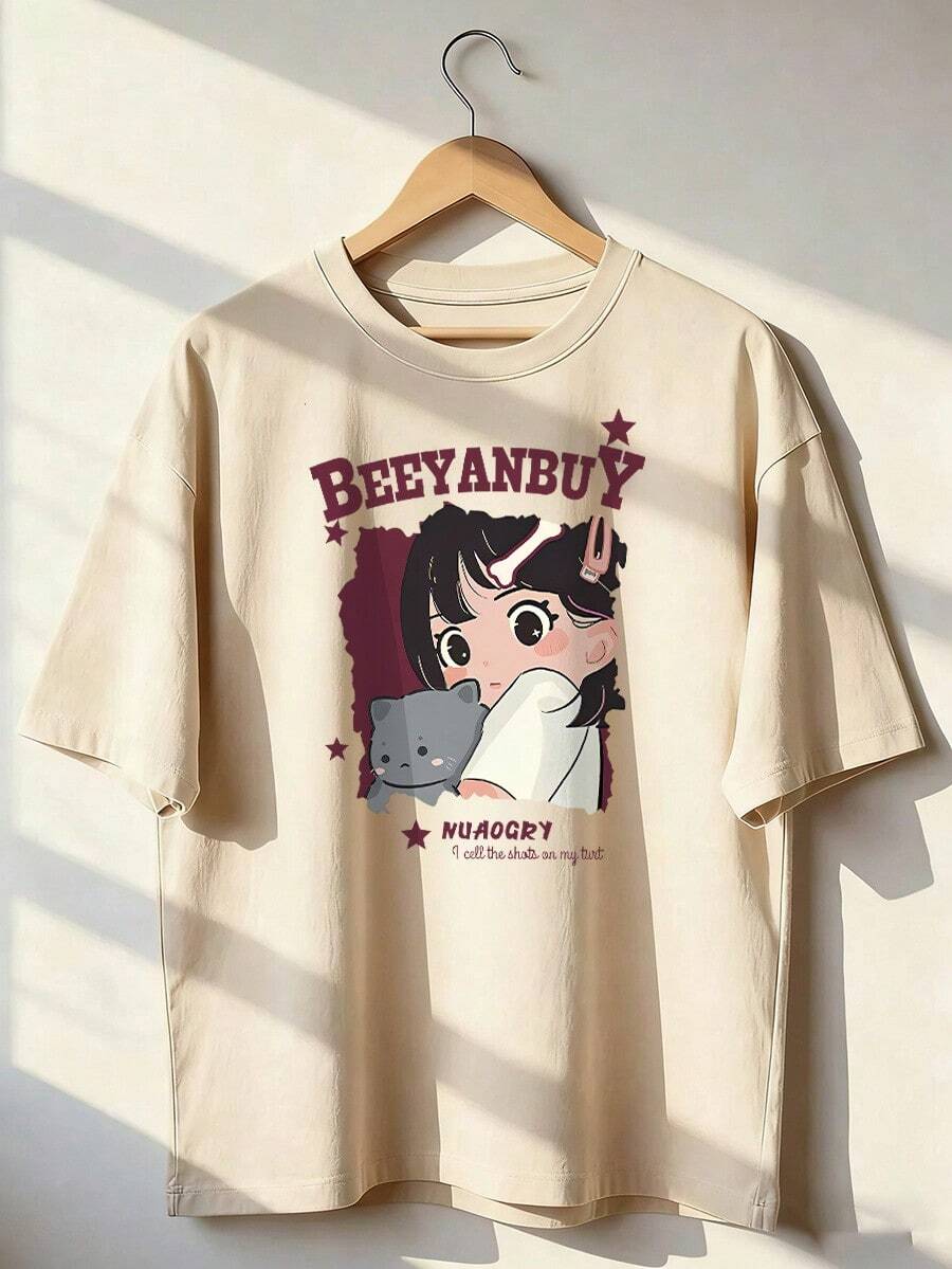 Anime Girl And Gray Kitten T-Shirt, Fashionable Short-Sleeve T-Shirt For Spring/Summer 2026, Made In Mexico, 180 Grams. Cartoon Print, Couple Design, Suitable For Indoor Or Outdoor Wear. Crew Neck, Unisex, Ideal For Office And Leisure. One-Pack. - APR-P631577SLNDXZGY570 - 查看 1