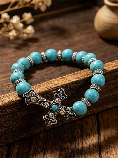 1 pieza Pulsera vintage de estilo occidental con cruz y cuentas de turquesa, brazalete elástico bohemio