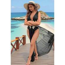 Vestido playero sexy con bordado de malla, escote en V profundo, abertura alta, estilo vacaciones en la playa. - Rojo - Ver 4