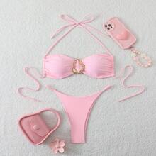 Nuevo bikini sexy, traje de baño de dos piezas en color sólido y multicolor para mujer. - Negro - Ver 8