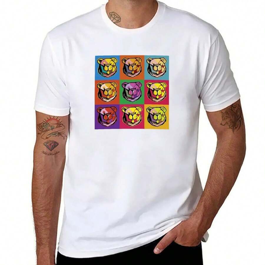 Camiseta ROBUST BEAR POP estampada para hombre. Camiseta básica de manga corta de 220 g de algodón puro para hombre y mujer. Tejido grueso, resistente a las arrugas y que no se deforma fácilmente. Estilo sencillo y versátil, ligero y transpirable, perfecto para ir al trabajo, viajar, acampar, ir de compras y para el tiempo libre diario. - Blanco - Ver 1