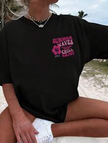Camiseta Casual para Mujer, Estilo Nuevo Primavera/Verano 2026, Diseño Simple y Único con Estampado Floral y Letras Sencillas - Negro - Ver 6