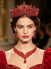 奢华红色水晶皇家珠宝套装 - 新娘头饰、项链和耳环，适合婚礼、选美比赛和特殊场合 - 紅色 - 查看 3