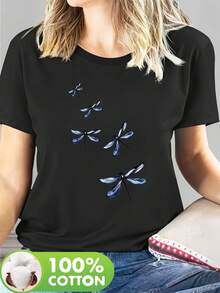 100% Pure Cotton Short-Sleeved T-Shirt With Letter Prints, Classic Cut For Women's Clothing. It's A Basic Casual Crew Neck T-Shirt For Spring And Summer That Is Machine Washable. It's Loose And Casual, Suitable For Wearing At Home Or To Parties. - 黑色 - 查看 6