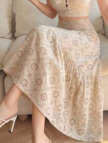 Falda elegante de mujer con volantes bordados y dobladillo calado en color albaricoque - Albaricoque - Ver 6