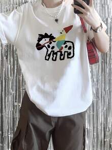 Women's Short Sleeve T-Shirt With Fun Retro American Cartoon Print, Custom Minimalist Casual Shirt, Fashionable Summer Loose Design Top - Unisex Cotton Loose Short Sleeve Crew Neck Urban Vintage Style T-Shirt. - 白色 - 查看 7