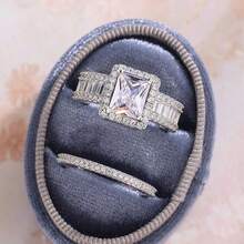 Luxury Sparkling Square Geometric Cubic Zirconia 2 Pieces Ring Set, Jewelry Gift For Men & Women - White - View 7