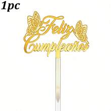 1个/3个金色亚克力“Feliz Cumpleaños”（西班牙语生日快乐）蛋糕装饰插牌，饰有花卉和蝴蝶图案，适合西班牙主题生日派对装饰。 - 多色 - 查看 13