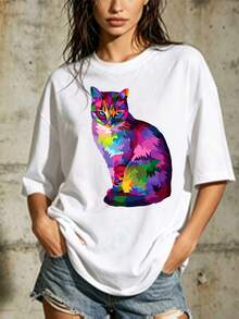 Camiseta de manga corta para mujer con estampado de gato colorido de 180 g - Perfecta para entretenimiento familiar, formación de equipos de empresa y regalos navideños. |   Ideas de Ropa de Verano a la Moda para Blusas de Mujer - Blanco - Ver 1