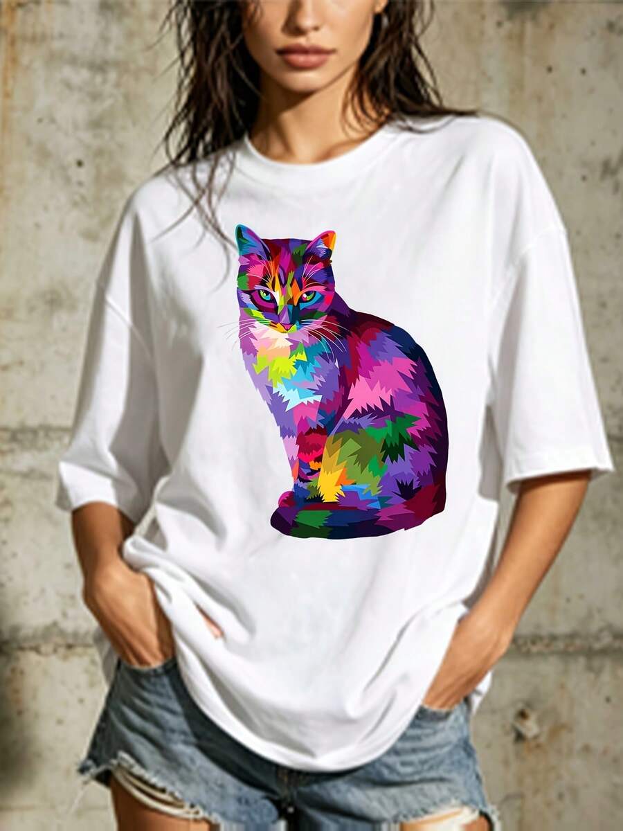 Camiseta de manga corta para mujer con estampado de gato colorido de 180 g - Perfecta para entretenimiento familiar, formación de equipos de empresa y regalos navideños. |   Ideas de Ropa de Verano a la Moda para Blusas de Mujer - Blanco - Ver 1