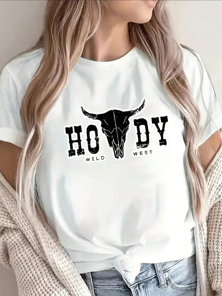 Camiseta negra de manga corta, ligera y duradera, con un diseño de cabeza de toro blanca y la inscripción "HOWDY" en estilo vaquero, es perfecta para salidas informales en casa o en restaurantes, ofreciendo una experiencia de uso diario cómoda. - Blanco - Ver 1