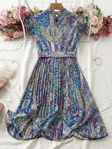 Vestido de verano para mujer de unicolor con mangas cortas, cuello alto, cintura plisada, para vacaciones y playa - Multicolor 9 - Ver 2