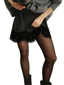 Women's Elegant Satin Lace Spliced Mini Skirt, Women's High Waist Flared Short Skirts, Streetwear For Summer And Autumn 2025 - C - 查看 5