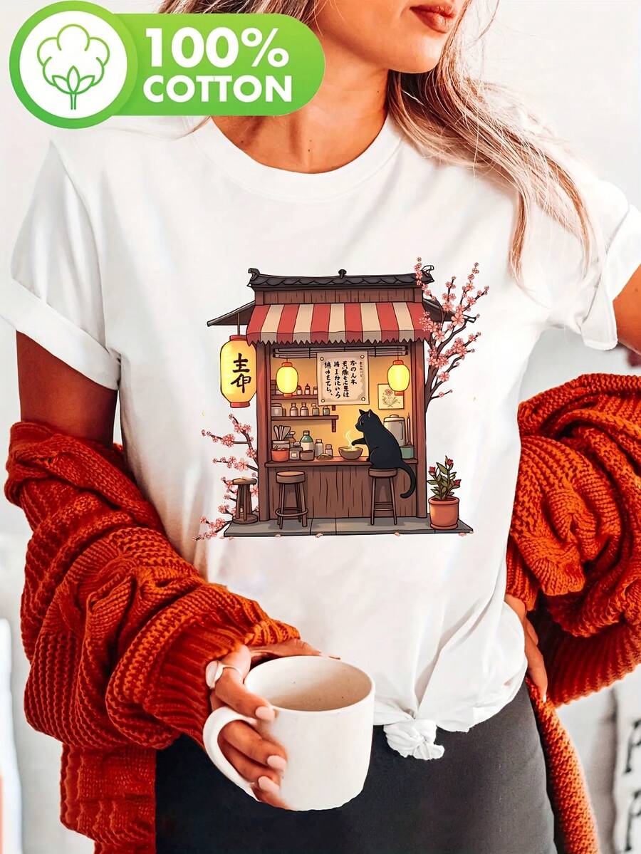 Women's Short Sleeve T-Shirt With Cat Eating Ramen Print, Japanese Inspired Design With Cherry Blossoms, Casual Spring And Summer Top | Anime Graphic T-Shirt | Machine Washable - 白色 - 查看 1