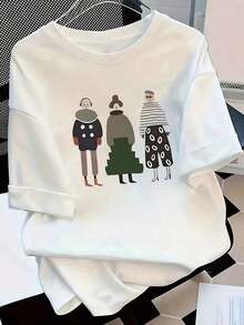 Camisetas de manga corta de talla grande, suaves y transpirables para mujer - Tops casuales de corte holgado para uso diario, [Más vendido] Camiseta de verano de manga corta para mujer con corte holgado y estampado de dibujos animados, camiseta de manga corta pura, camiseta básica, transpirable y cómoda. - Blanco - Ver 1
