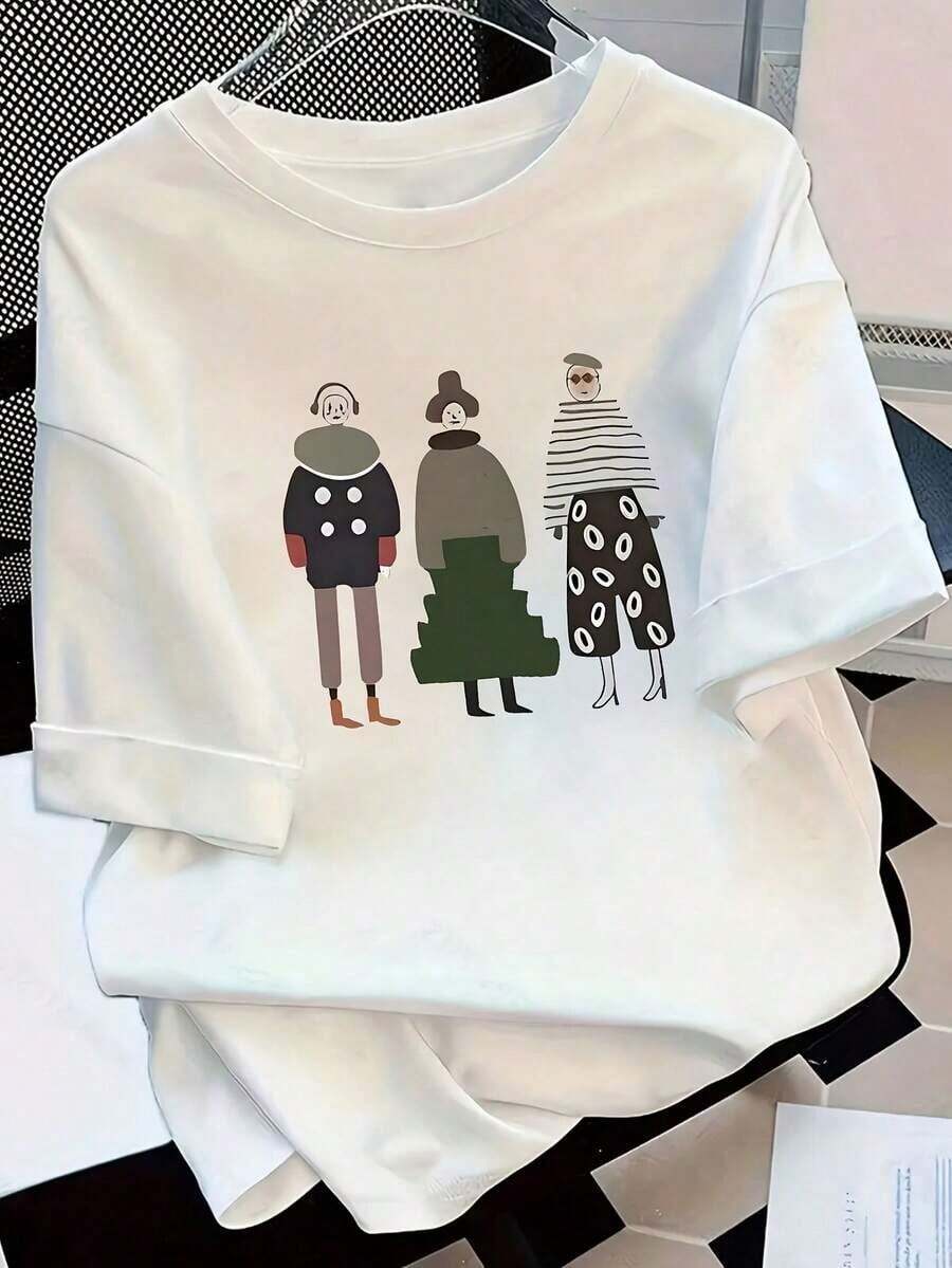 Camisetas de manga corta de talla grande, suaves y transpirables para mujer - Tops casuales de corte holgado para uso diario, [Más vendido] Camiseta de verano de manga corta para mujer con corte holgado y estampado de dibujos animados, camiseta de manga corta pura, camiseta básica, transpirable y cómoda. - Blanco - Ver 1