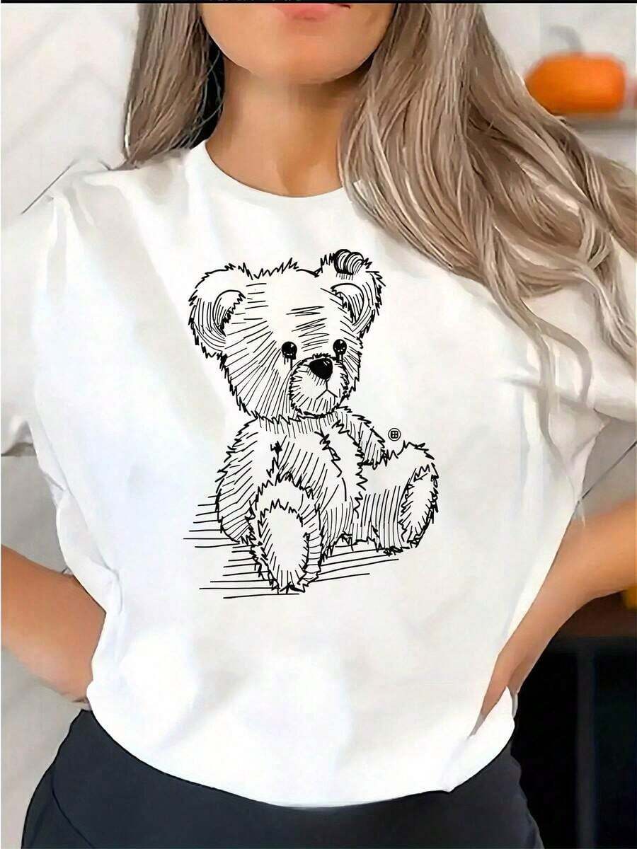 Camiseta de talla grande para mujer, de manga corta, color sólido, estilo casual, holgada, para primavera y verano, de poliéster, con estampado creativo de oso, a la moda, de manga corta, sencilla, casual, deportiva, cómoda para vacaciones, transpirable y confortable. - Blanco - Ver 1