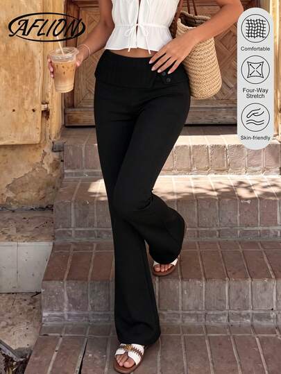 Aflion Pantalones acampanados de cintura alta plisados y con cinturón con hebilla, color negro, estilo Y2K para fiestas de verano, club, playa