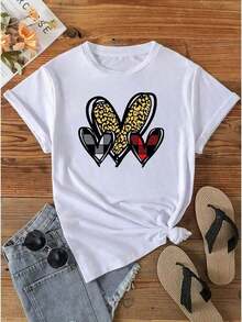 Camiseta Holgada Sencilla Mujer Estilo Moderno Camiseta de manga corta para mujer, casual y cómoda, con elegante estampado de corazones tartán, perfecta para uso diario y actividades deportivas.Camiseta Mujer Estampado Gráfico  Verano 2026 - Blanco - Ver 3