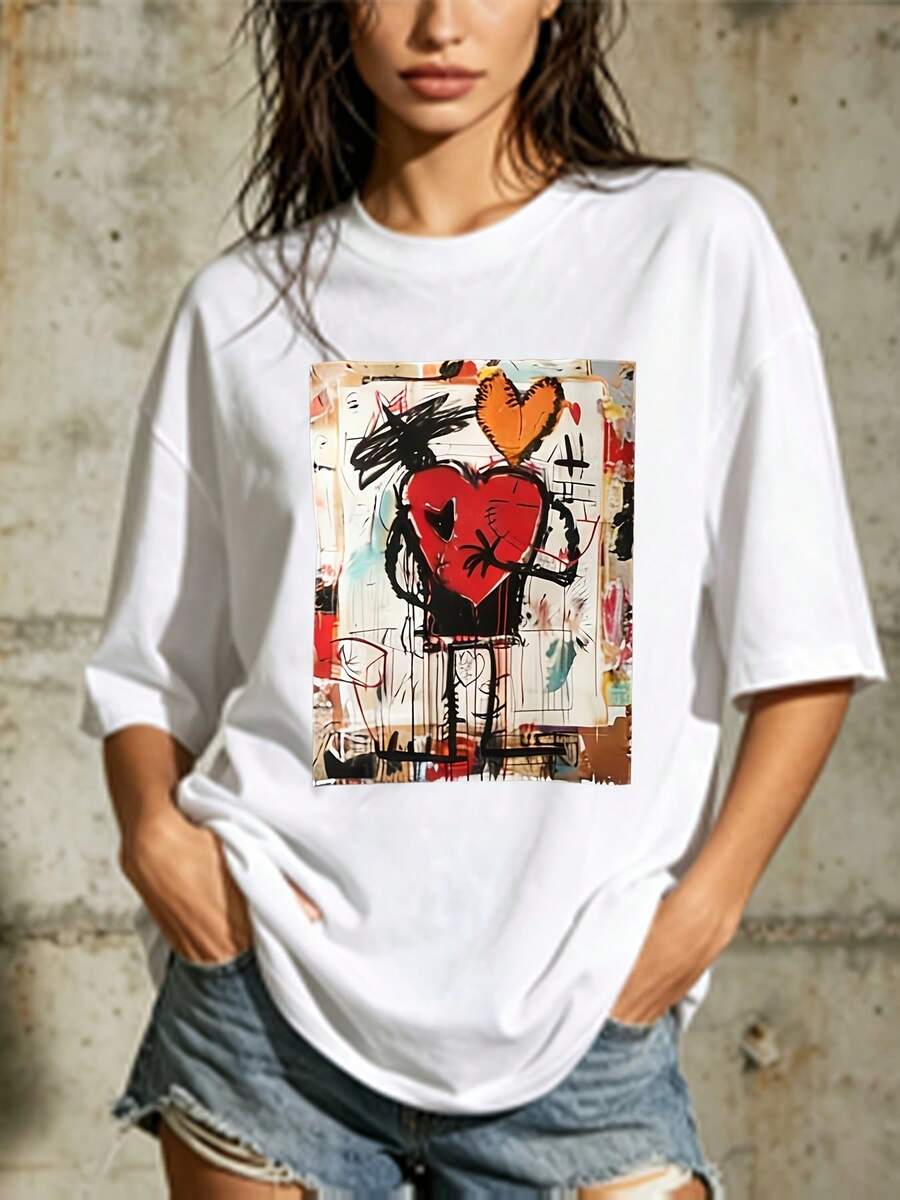 Camiseta de algodón suave de 180 g para mujer, regalo de San Valentín, estilo vintage urbano, unisex, holgada, de manga corta y cuello redondo, para reuniones familiares y actividades de building en la oficina. - Blanco - Ver 1
