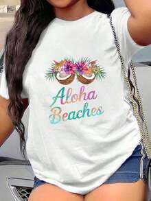 Camiseta de Moda Talla, Camiseta Estampada de Verano% Algodón para Mujer, Camiseta Talla con Estampado Tropical de Playa Aloha y Cocotero - Estampado de Flores Amarillas Hawaianas y Palmeras, Camiseta Casual con Cuello Redondo y Estampado de Letras Aloha Beach, Adecuada para Todas las Temporadas, Perfecta para Vacaciones en la Playa y Uso Casual, Ropa de Verano Estilo Hawaiano. Camiseta unisex de algodón holgada de manga corta y cuello redondo estilo vintage urbano - Blanco - Ver 6