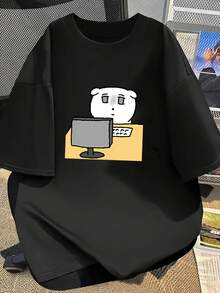 Camiseta Bobari para mujer con estampado de oso trabajador estilo coreano - Top extragrande de manga corta con hombros caídos y estampado de oso, blusa transpirable de primavera-verano adecuada para atuendo casual, prendas de moda coreana lavables a máquina - Negro - Ver 6