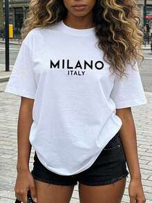 Ropa de Mujer, Camiseta de Verano de Algodón Suave y Casual con Cuello Redondo, Estampado con la Letra de la Ciudad de MILÁNO, ITALIA. Negra. - Blanco - Ver 3