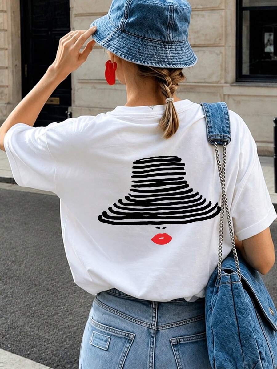 Camiseta de manga corta de cuello redondo con estampado de labios rojos, de moda minimalista de verano, versátil y elegante para mujer, color blanco - Blanco - Ver 1