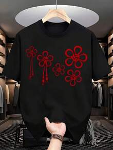Camiseta de gran tamaño con diseño de nudo floral para mujer, estilo casual urbano, pieza de moda con estampado gráfico, es una camiseta perfecta para regalar a amigos y familiares en cualquier día festivo u ocasión especial, 220g. - Negro - Ver 2