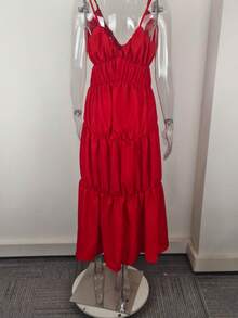 Vestido mujer primavera nuevo liso pliegues corte ajustado elegante estilo oficina moda europea chic - Rojo - Ver 6
