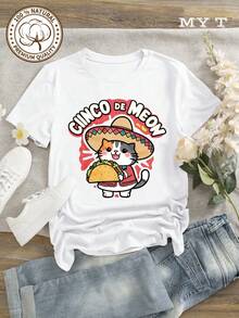 Camiseta de Mujer MYAZUL T, Camiseta de Algodón Suave de Talla Grande con Diseño de Gato y Taco para el Cinco de Mayo, Temática Mexicana Festiva, Estampado de Animales Adorable, Atuendo de Verano, Regalo Perfecto para Amantes de los Gatos y Fanáticos de la Fiesta, Vestidos de Mujer Verano a la Moda, Casual, Perfecto para Todas las Temporadas, Tallas S - XXL, Camisetas para Salir para Mujer - Blanco - Ver 3