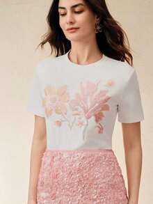 Elegante blusa de manga corta con diseño exclusivo, estampado de lentejuelas blancas, favorecedora para la figura femenina. - Negro - Ver 2