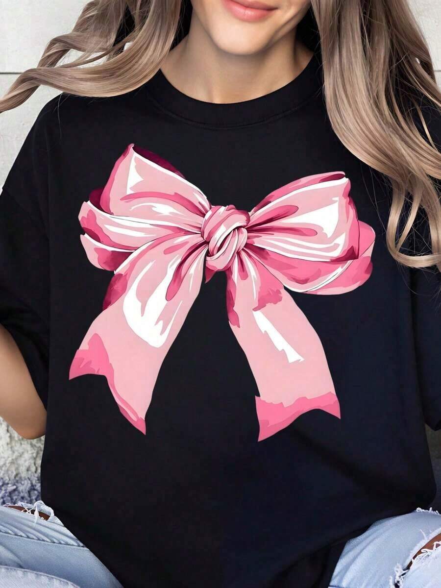Camiseta con lazo rosa para mujer, top de moda lindo, ropa casual de verano, regalo para el Día de San Valentín o cumpleaños, camiseta de mujer. - Negro - Ver 1