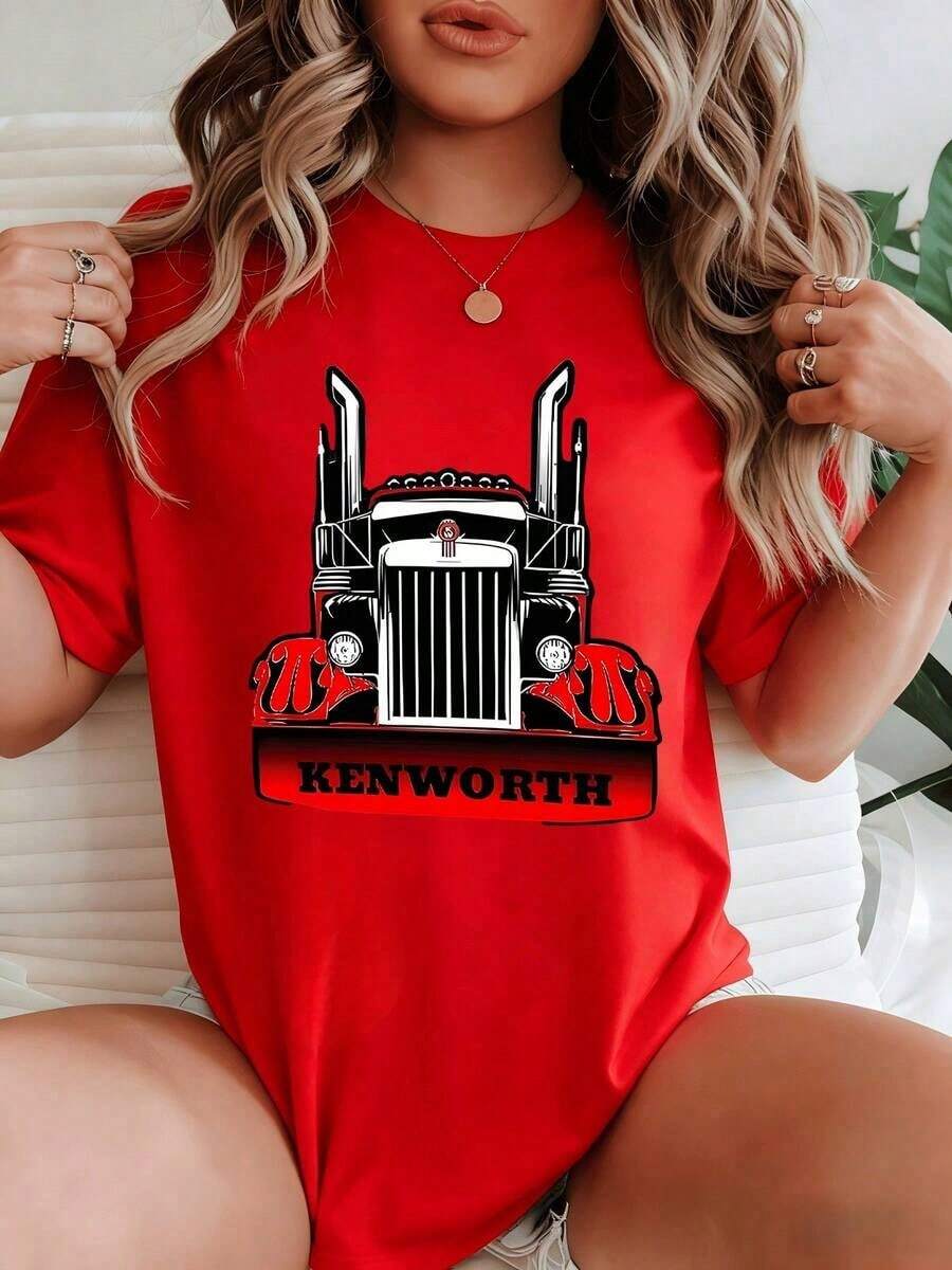 The Print Features A Powerful Kenworth Truck With Red Flames, Representing Strength And Freedom On The Road. This Women's T-Shirt Is Made From 100% Cotton, With A Soft And Comfortable Fabric, Ideal For Everyday Wear. - 紅色的 - 查看 1