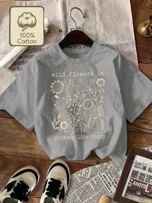 Limited EditionPlus Size, Wild Flowers, Growing Plus-size Women's Printed Casual Round-neck Short-sleeved TopLightweight Cotton - Blanco - Ver 8