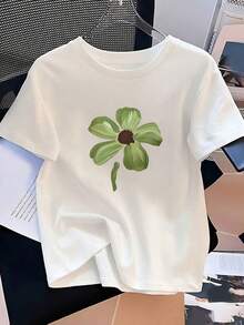 Camiseta De Mujer Con Estampado Floral Verde Estilo Pintura Al óLeo, Top De Manga Corta Holgado, Fresco Y ArtíStico, Inspirado En El Bosque, Top De Manga Corta Con Cuello Redondo, Corte Holgado, Simple Y Sofisticado, Top VersáTil De Estilo Urbano De Verano, Para Vestirse A Diario, Para Salidas Cotidianas. - Blanco - Ver 7