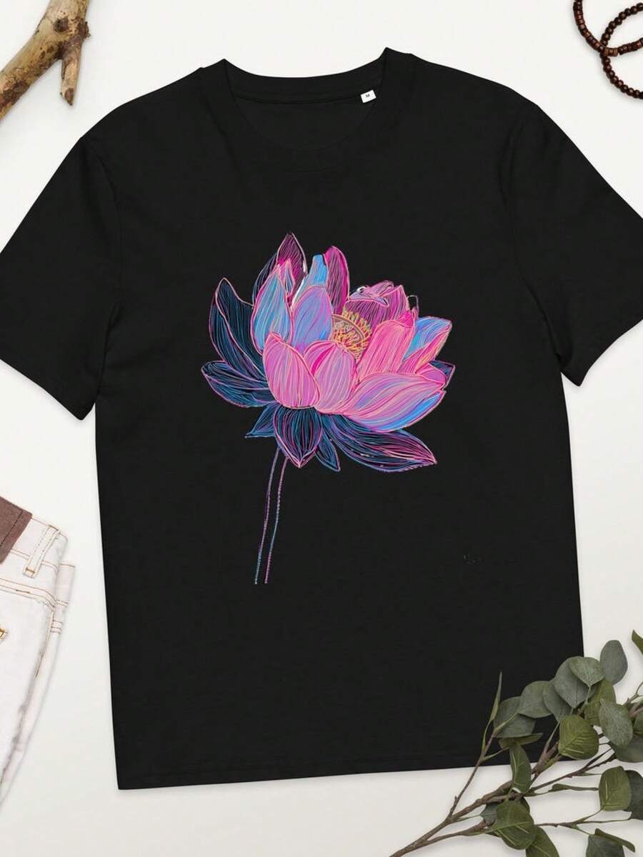Patrón de loto, camiseta de yoga, estampado floral, regalo para meditación, camiseta de alta gama, arte botánico, estilo minimalista camisas de mujer sudaderas para mujer sueter blusa casual mujer verano vestidos de graduación - Negro - Ver 1