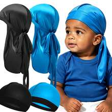 Awegeo Mũ trùm đầu Durag bằng satin cho trẻ em, kiểu mũ cướp biển với đuôi dài và dây đeo rộng, phù hợp cho bé trai, trẻ nhỏ và bé gái, kiểu khăn bandana quấn đầu. - Nhiều màu - Xem 13