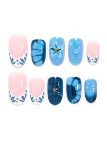 Transform Your Nails With 24pcs Short Oval Fake Nails! Mysterious & Fresh Spring/Summer Series, Inspired By Deep Blue Ocean, 3D Water Drop & Wave Patterns, Light Blue Shell & Tortoise Shell Texture, Luxury Metallic Bead Accents - Multicolor - View 4