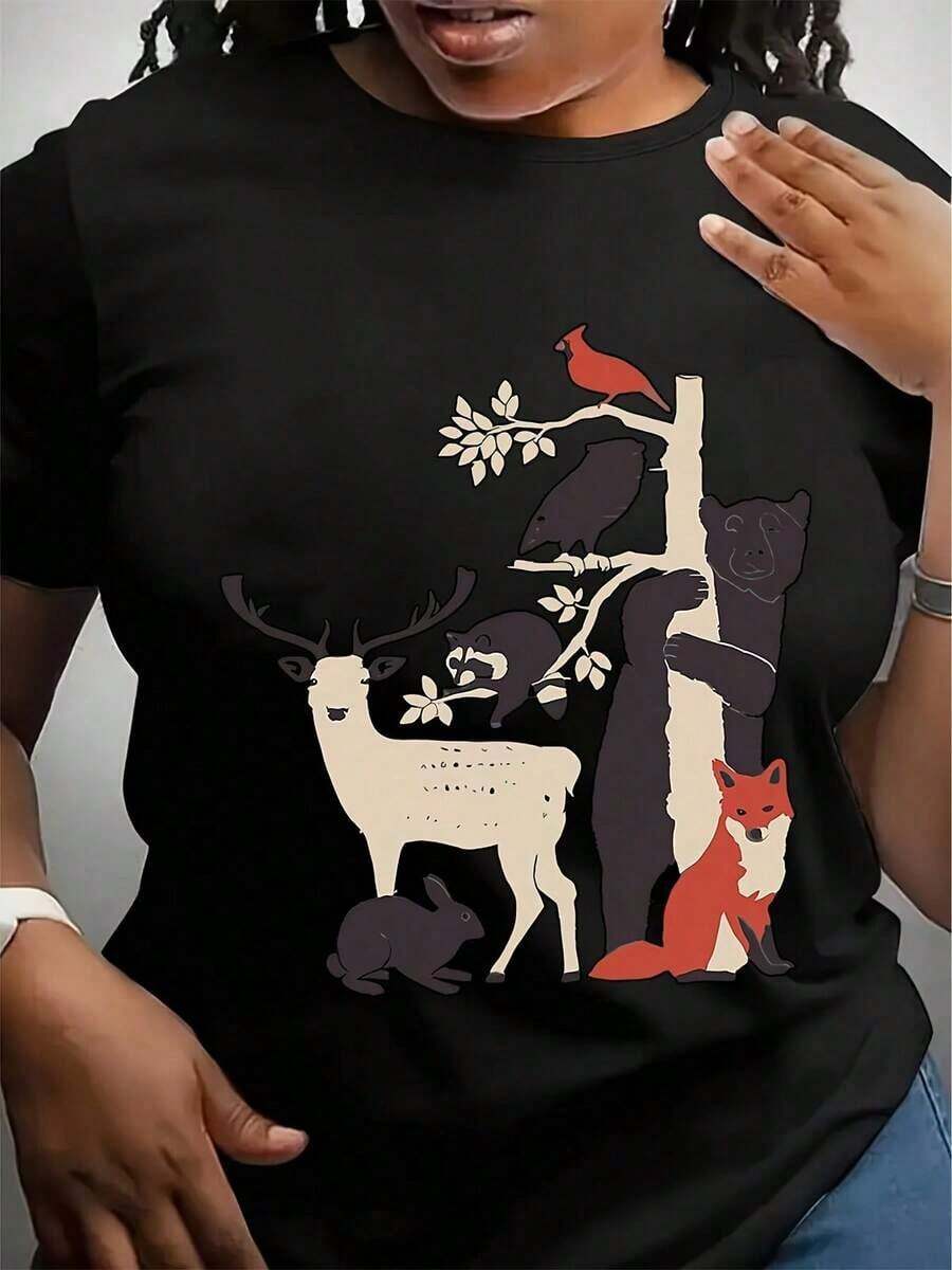 Camiseta Casual de Manga Corta para Mujer con Estampado Gráfico de Animales (Ciervo, Zorro, Mapache y Pájaro), Cuello Redondo, Adecuada para Primavera, Verano y Otoño, Lavable a Máquina, Corte Holgado - Negro - Ver 1