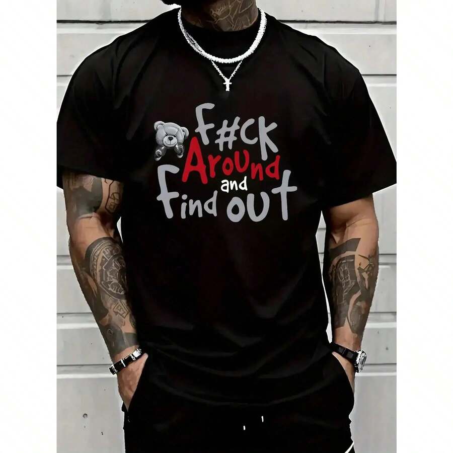 Men's Casual T-Shirt, 100% Cotton, With Boxer Bear Print - "FK AROUND AND FIND OUT" Print, Black, Short Sleeve, Crew Neck, Machine Washable, All-Season Comfort - 黑色 - 查看 1