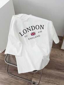 Camiseta de manga corta de ajuste ceñido con estampado gráfico de letras y bandera nacional británica de Londres, de estilo casual y juvenil.Esencial para citas y reuniones, atuendo adecuado para parejas, familia, regalo para el novio - Blanco - Ver 5