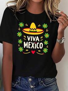 Camisetas Ligeras con Estampados Gráficos para Mujer - Diseño de Sombrero y Maracas del Carnaval Mexicano - 100% casual y cómoda - Impresa con "VIVA MEXICO" y los colores de la bandera mexicana - Adecuada para todas las estaciones, se puede usar para fiestas temáticas, atuendos diarios o para mostrar la herencia cultural mexicana - Diseño geométrico de sombrero, lavable a máquina, ajuste cómodo, divertido estampado de temática mexicana con elementos de cactus y maracas, 100% algodón, una opción popular. - Negro - Ver 1