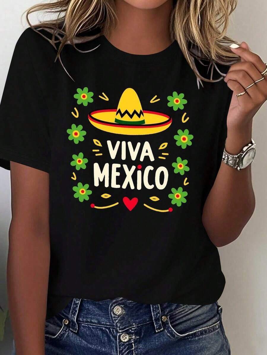 Camisetas Ligeras con Estampados Gráficos para Mujer - Diseño de Sombrero y Maracas del Carnaval Mexicano - 100% casual y cómoda - Impresa con "VIVA MEXICO" y los colores de la bandera mexicana - Adecuada para todas las estaciones, se puede usar para fiestas temáticas, atuendos diarios o para mostrar la herencia cultural mexicana - Diseño geométrico de sombrero, lavable a máquina, ajuste cómodo, divertido estampado de temática mexicana con elementos de cactus y maracas, 100% algodón, una opción popular. - Negro - Ver 1