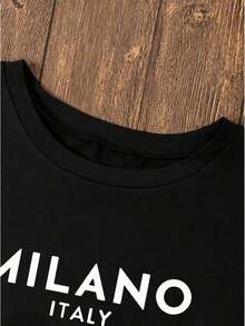 Camiseta de Cuello Redondo con Estampado de Letras Milan, 100% Algodón, Camiseta Casual de Manga Corta para Primavera Verano, Ropa de Mujer - Negro - Ver 4