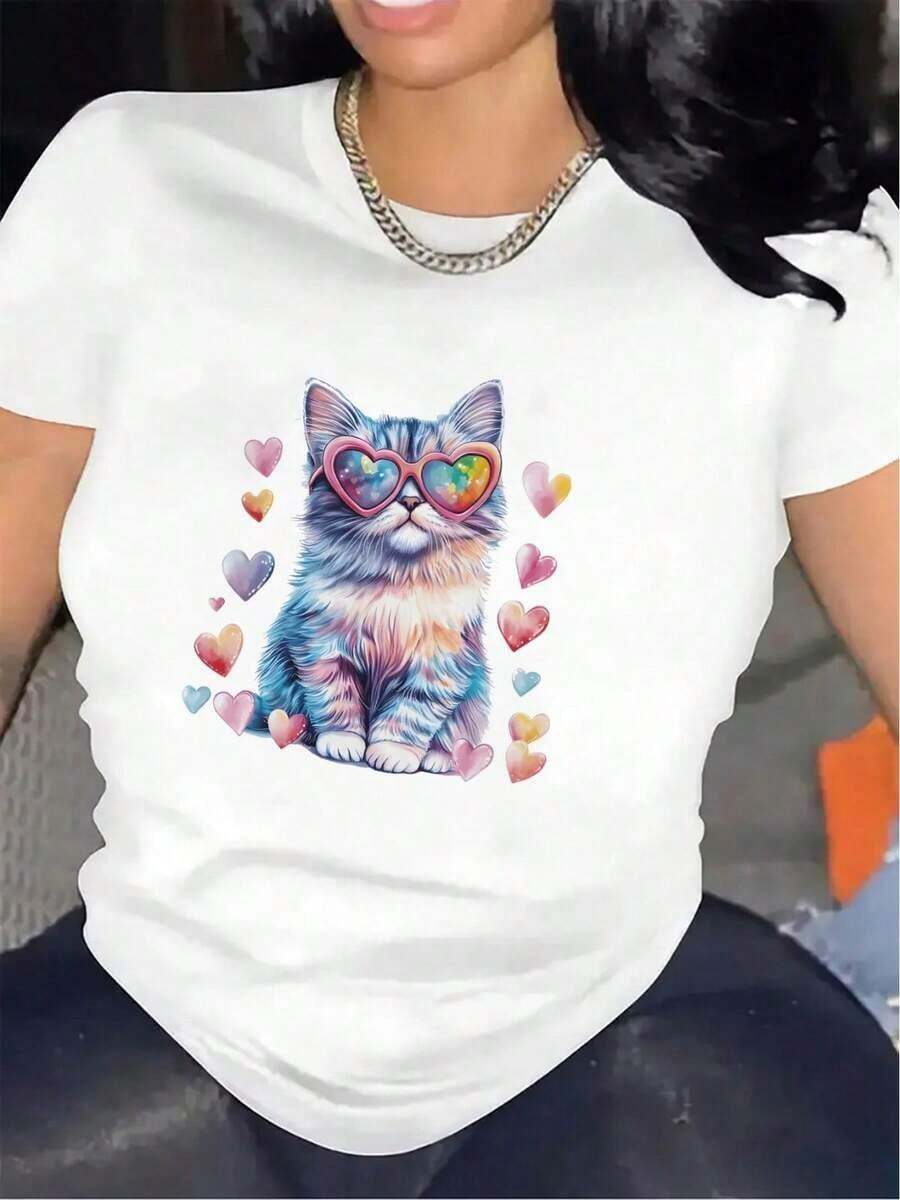 100% cotton Camiseta negra de manga corta para mujer con diseño de gato y corazones coloridos, hecha de tela de poliéster, ligera y duradera, perfecta para uso casual en casa o al aire libre - Blanco - Ver 1