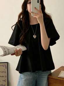 Women's Solid Color Casual Summer Short Sleeve Cover Up Black - Black - View 2